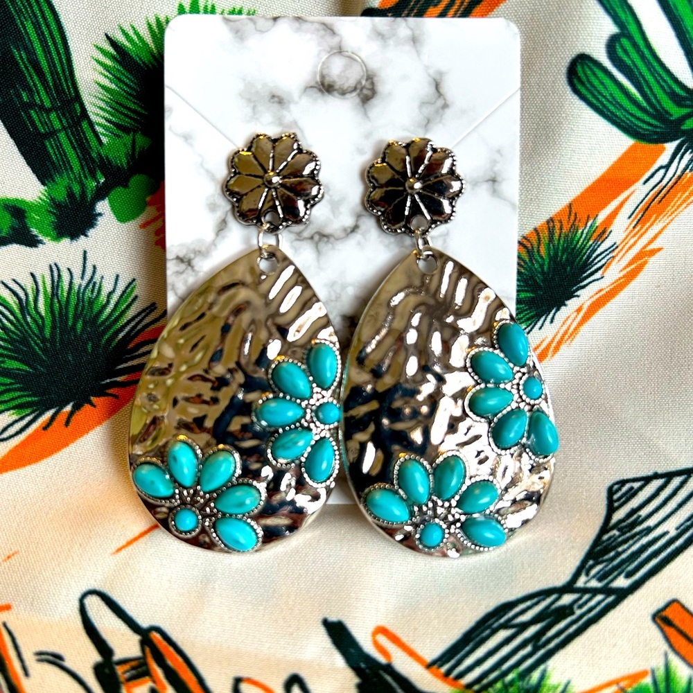 New Western Boho Silver and Turquoise Floral Earrings